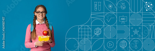 Tableau sur toile A cheerful student stands in a vibrant setting, holding school supplies and an apple