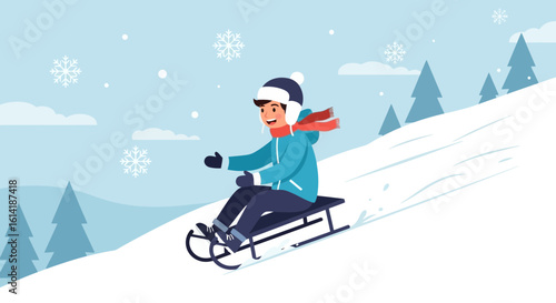 Boy Enjoying Sledding Down Snowy Hill During Winter Season Activity