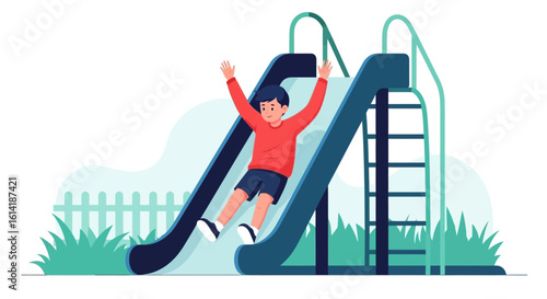 Boy Enjoying Sliding Down On Playground Slide On A Beautiful Summer Day