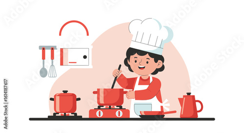 Cheerful Chef Preparing Delicious Meal In Cozy Kitchen Illustration