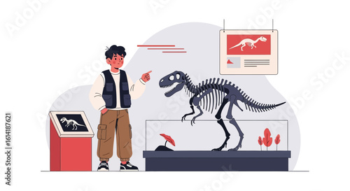 Boy Examines T Rex Skeleton In Paleontology Museum Display Case Illustration