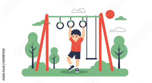 Cheerful Child Plays on a Playground Doing Gymnastics with Happiness in Park