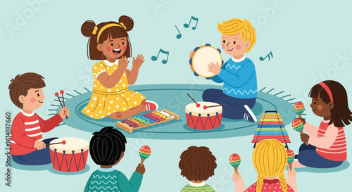 Cheerful Children Playing Music Together With Musical Instruments Illustration