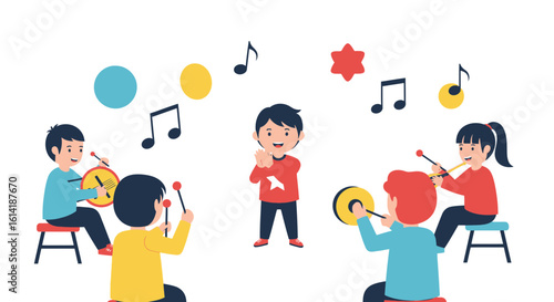 Cheerful Children Playing Musical Instruments And Singing Having Fun Illustration