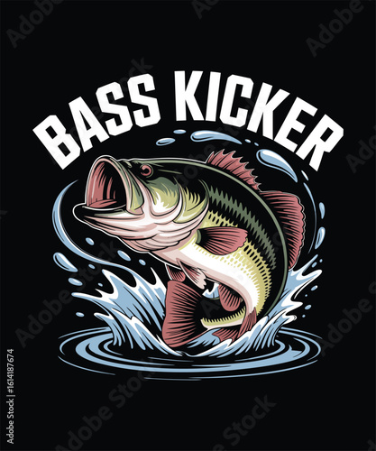 A bass fish leaping out of the water, perfect for fishing apparel