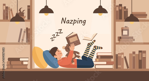 Boy Falls Asleep While Reading Book Near Bookshelf And Teddy Bear At Home