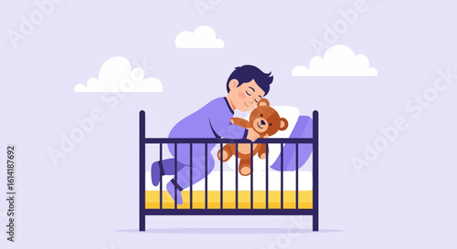 Boy Falling Asleep Embracing Teddy Bear In Crib With Clouds Background