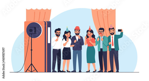 Cheerful Friends Gathering With Photo Booth For Fun Party Moments