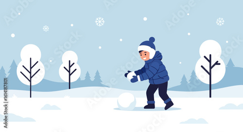 Boy Having Fun Making A Snowball In Snowy Winter Landscape