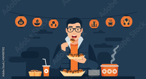 Cheerful Man Enjoys Takoyaki Under Decorative Lanterns At A Japanese Street Food Festival