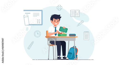 Cheerful Student Enjoying a Packed Lunch During School Hours Illustration