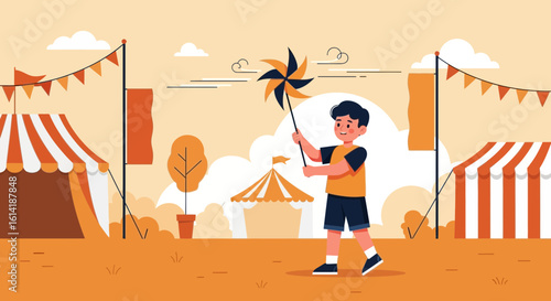 Boy Holding Pinwheel At Fun Fair During Sunny Day Illustration