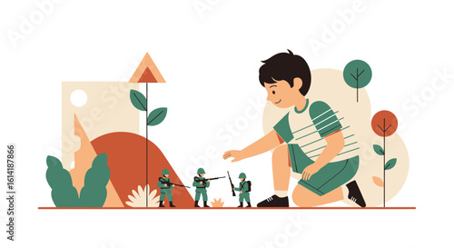 Boy Imagining Himself As Giant Playing With Soldier Figurines In Nature