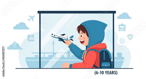 Boy Imagining Adventures While Holding Airplane Toy Near Airport Window