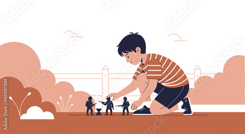 Boy Imagining War Playing With Toy Soldiers Outdoor Afternoon Fun Time