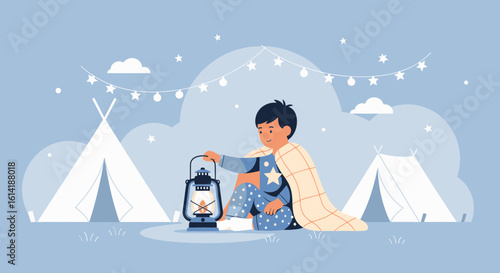 Boy In Pajamas With A Lantern At Night Near Tents In Campsite