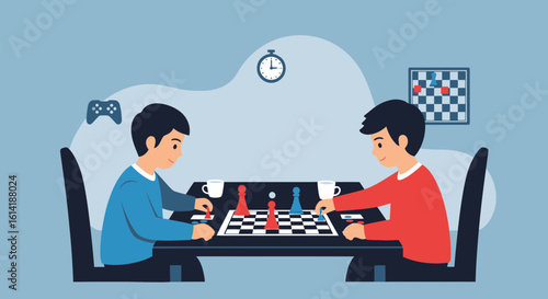 Chess Challenge Two Young Men Enjoying a Strategic Board Game Competition At Home