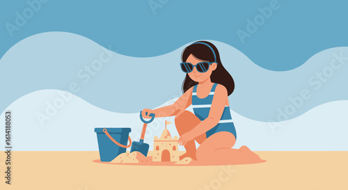 Child Builds Sandcastle On The Beach Wearing Sun Glasses During Summer Time