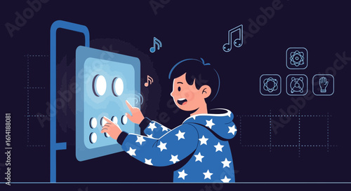 Boy Interacting With A Touchscreen Device Learning About Science And Making Music