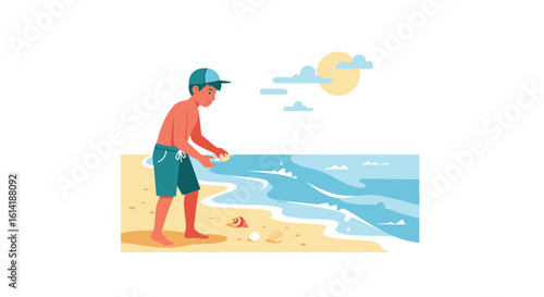 Child Enjoying Summer Vacation Collecting Shells By Ocean Shores On The Beach