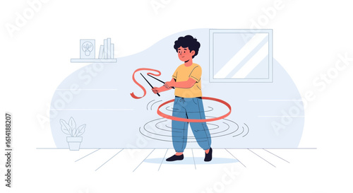 Childhood Games: Boy Exercising With Hula Hoop And Gymnastic Ribbon Indoors
