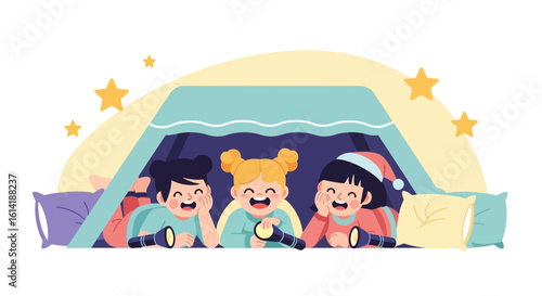 Children Enjoying a Fun Sleepover in a Homemade Tent with Flashlights