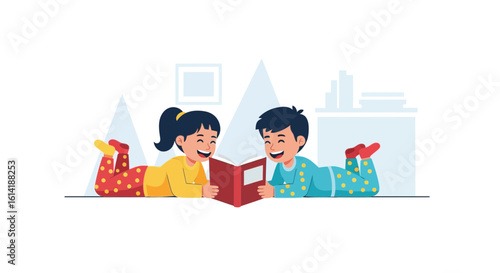 Children Enjoying Storytime With a Book in Their Pajamas at Home