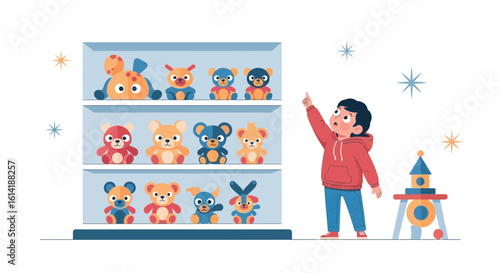 Boy Looks At Toy Shelf, Child Choosing Plush Toy From Collection