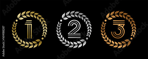 Award Winner Set Vector Illustration. Figures 1, 2, 3 In A Realistic Gold Silver Bronze with Laurel Wreath . Competition Game Concept. Isolated on black