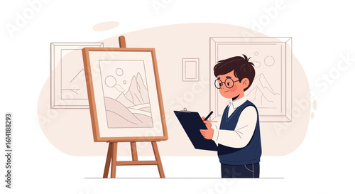 Boy Makes Sketches Of A Landscape Painting In An Art Gallery