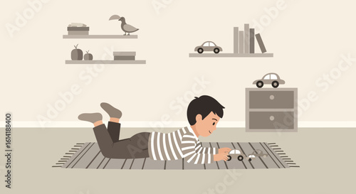 Boy Playing Cars On The Rug Indoors In A Simplified And Minimalist Style