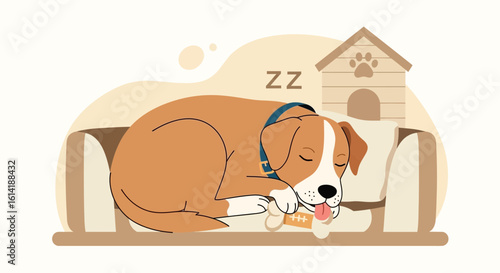 Comfortable Canine: A Sleeping Dog Relaxing Peacefully On A Plush Bed