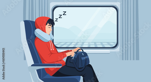 Comfortable Journey Young Man Sleeping on a Train with Neck Pillow and Bag