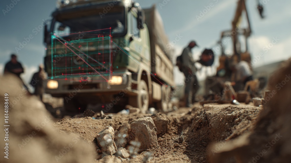 Obraz premium Clear shot highlighting the mixedreality trucks advanced sensors actively scanning unearthed relics creating digital overlays while the surrounding archaeologists and tools remain