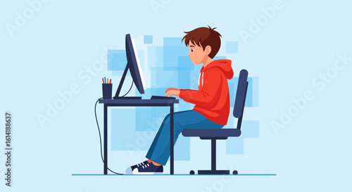 Concentrated Youngster Working Diligently On Computer Illustration Vector