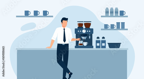Confident Business Man Stands Near Professional Coffee Machine In Office