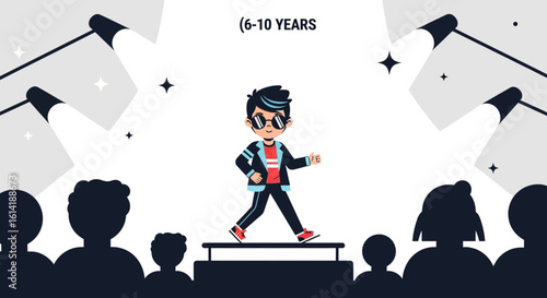 Confident Young Boy Strutting Fashion Show Runway With Adoring Audience