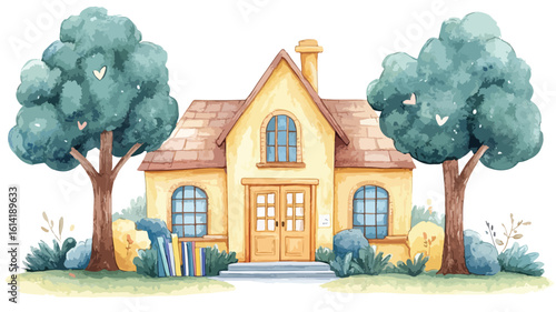 Whimsical Town Library Watercolor Illustration