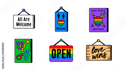 Collection of LGBTQ+ inclusive signs for businesses and spaces