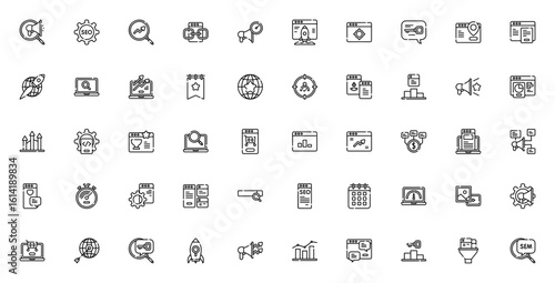 SEO and SEM icon set. Minimal vector icons pack. Includes Sem, Seo, Backlink, Campaign, Target, Keyword, Webpage, Search engine, Ranking, Ads, Marketing and more. Editable stroke.