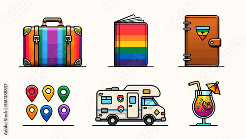 Colorful Travel Icons: Suitcase, Book, Map Pins, RV, Drink