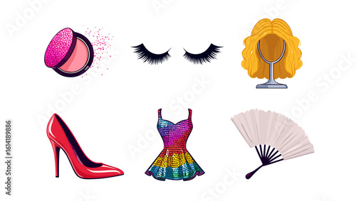 Glamour Fashion Set: Wig, Dress, Heels, Makeup, Lashes, Fan