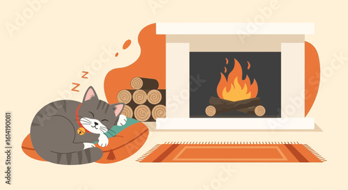 Cozy Cat Nap By The Fireplace In Winter Season Home Interior Scene