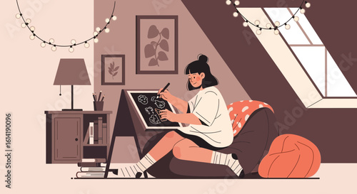 Cozy Creative Space Woman Enjoying Artistic Hobbies In Her Room At Home