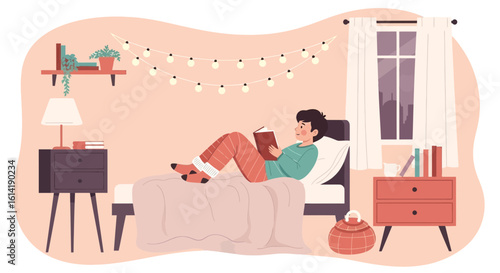 Cozy Night Indoor Reading Illustration For Relaxing Leisure Activity At Home