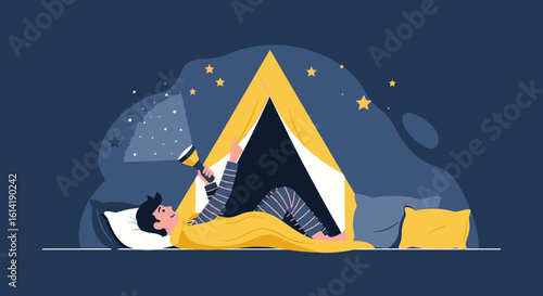 Cozy Night Time Adventures Boy Exploring Dreams Under Blanket in Homemade Tent