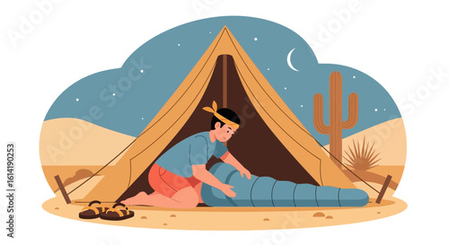 Desert Adventure Man Preparing Sleeping Bag inside Tent under Starry Night