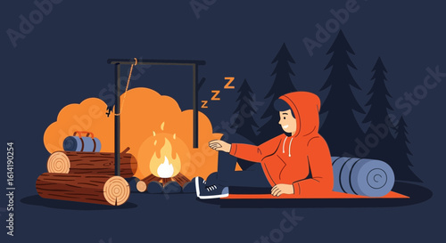 Cozy Night In Woods Illustration Of Person Relaxing Near Campfire