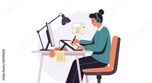 Digital Artist Creating On A Graphics Tablet At Home Workspace Illustration