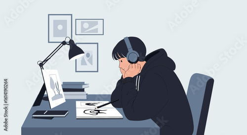 Digital Art Creation Young Person Working on Computer at Home Late at Night